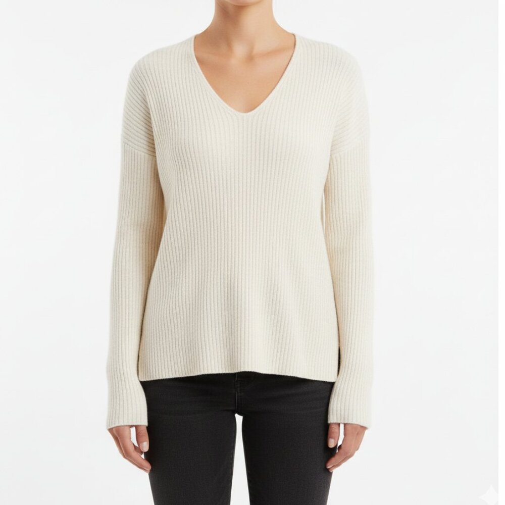 Eileen Fisher Cream Ribbed V-Neck Sweater – Women’s S/P NWOT